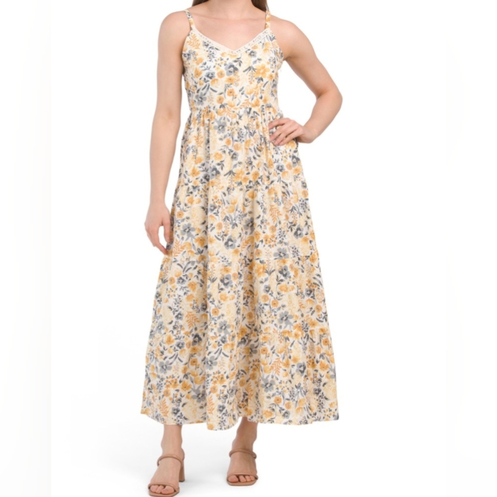 Rachel Zoe Yellow Floral Tiered Maxi Dress NWT